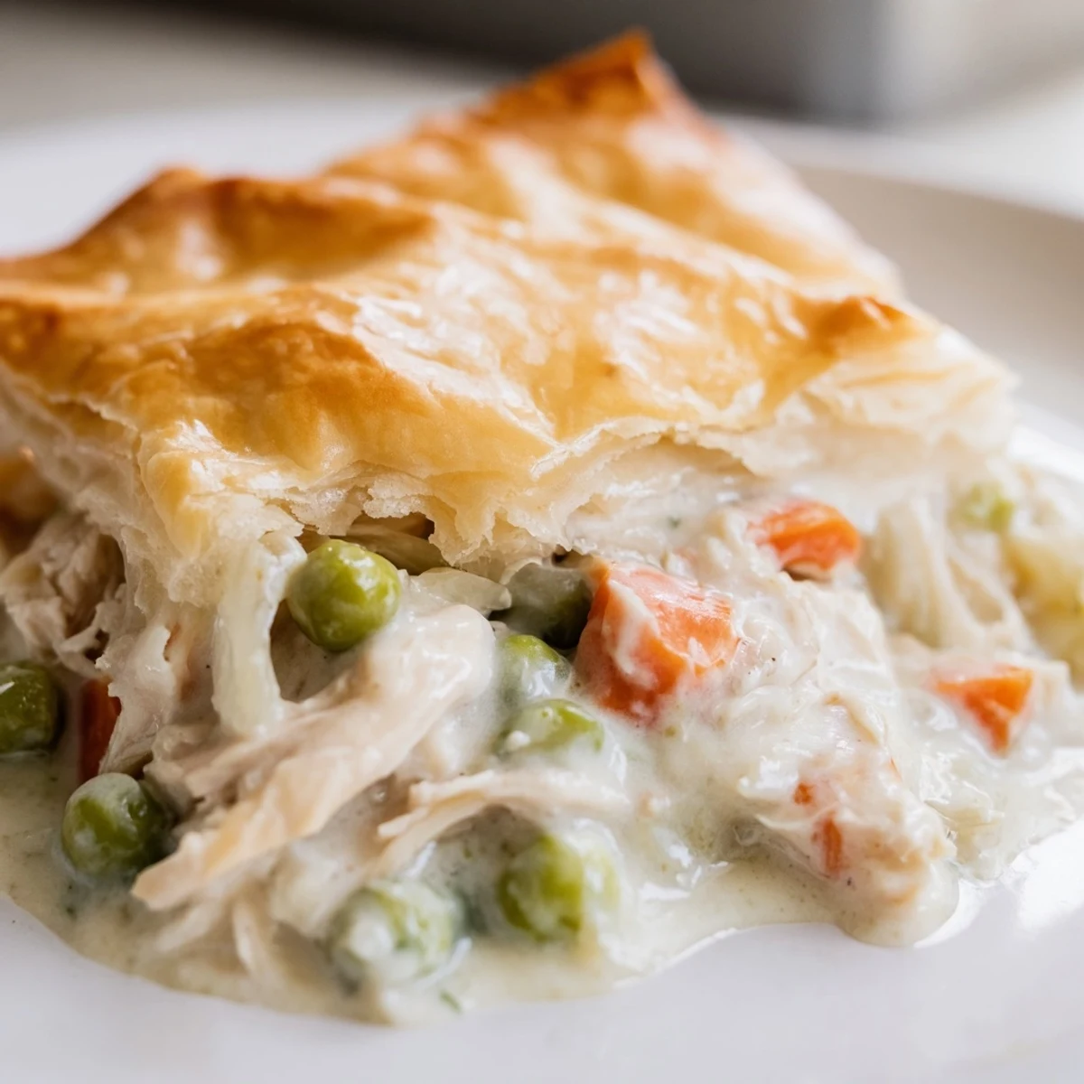Freshly baked Chicken Pie Casserole with golden, flaky crust and creamy vegetable filling on a rustic table.