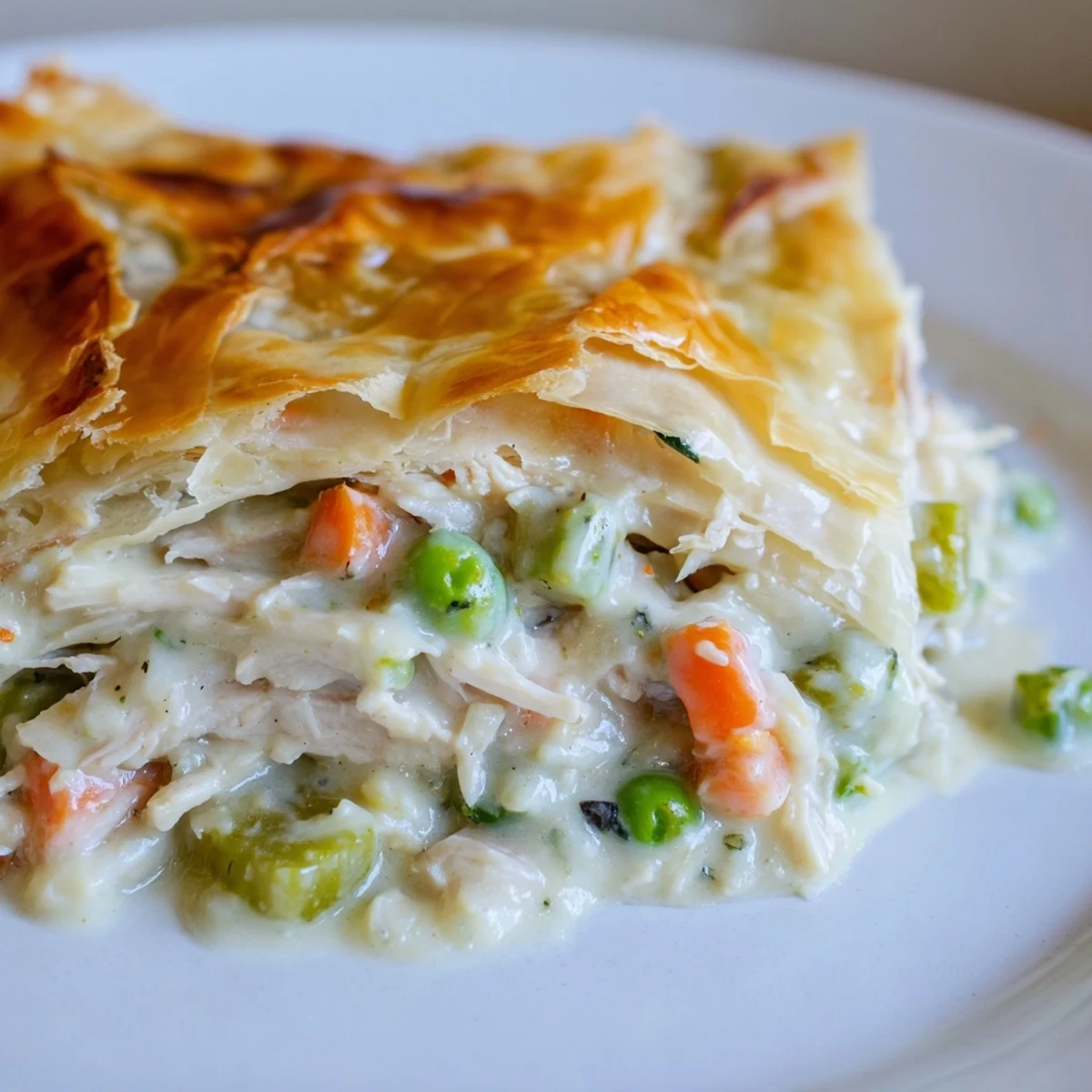 Golden-brown Chicken Pie Casserole in a baking dish, bubbling with creamy filling and flaky pastry top.