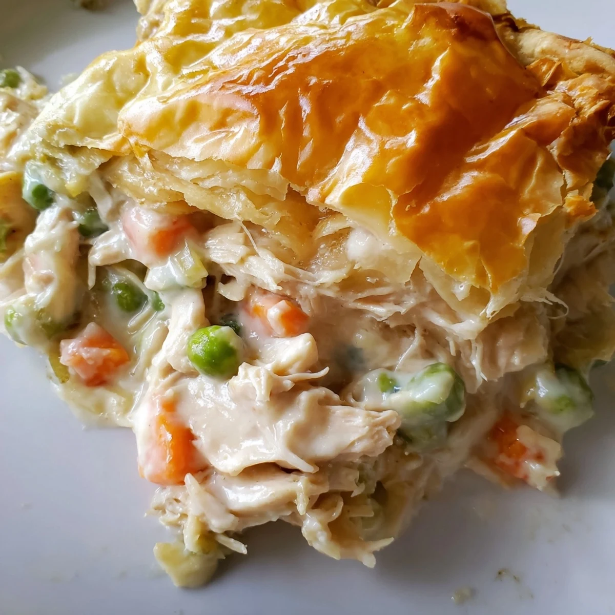 Slices of savory Chicken Pie Casserole reveal tender chicken, peas, and carrots in rich sauce, ready to serve.