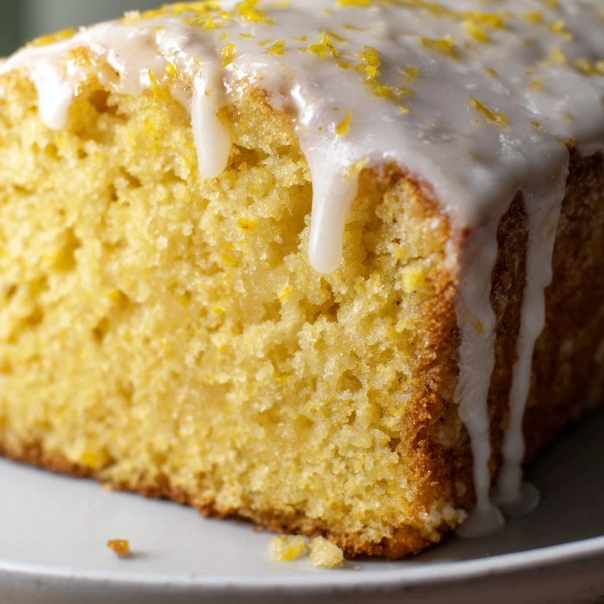 Golden-brown Lemon Bread Loaf with crackly top, glazed and sliced beside fresh lemon wedges.