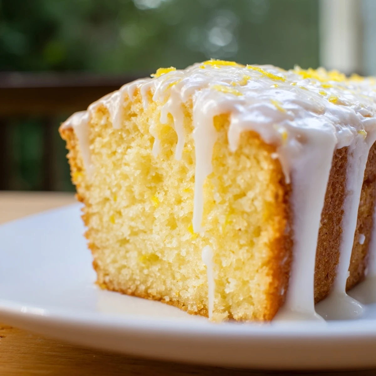 Freshly baked Lemon Bread Loaf drizzled with sweet lemon glaze on a rustic wooden board.