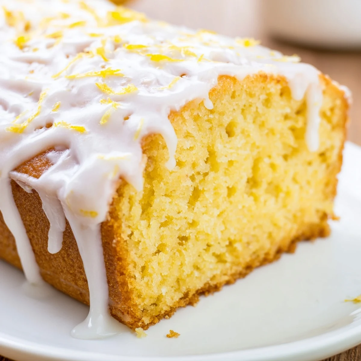 Warm slice of Lemon Bread Loaf on a plate, ready to serve with tea or coffee.