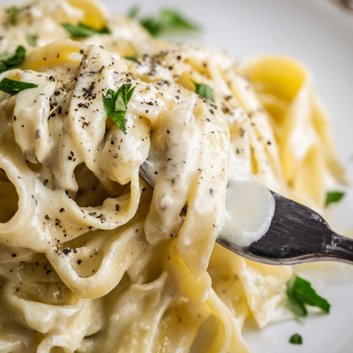 Freshly cooked fettuccine tossed in a creamy Parmesan sauce with garlic, served hot and garnished with parsley.