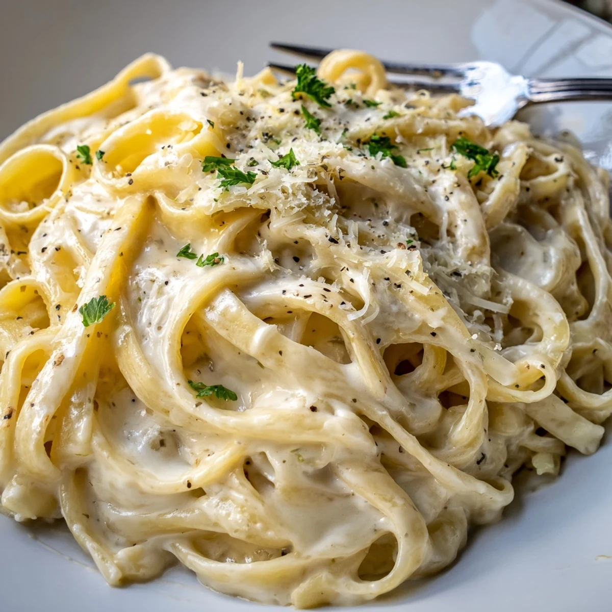 Steaming skillet of creamy sauce over pasta, featuring rich garlic aromas and a sprinkle of extra Parmesan cheese.