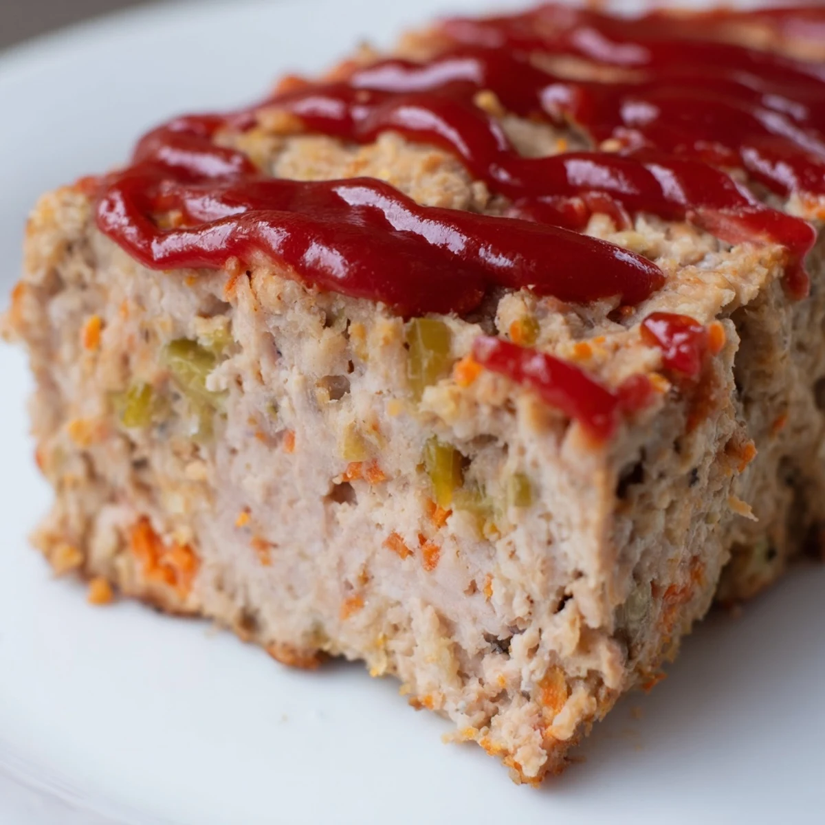 Freshly baked turkey loaf slice with glaze, served warm with mashed potatoes and steamed green beans.