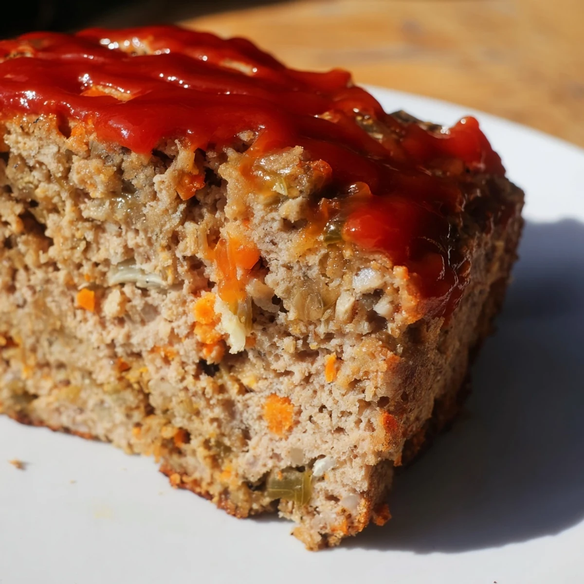 A slice of moist turkey loaf on a white plate, garnished with parsley and a side of roasted carrots.