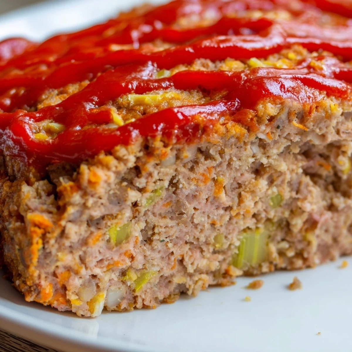 Golden turkey loaf with a ketchup mustard glaze, sliced and ready for a healthy weeknight dinner.