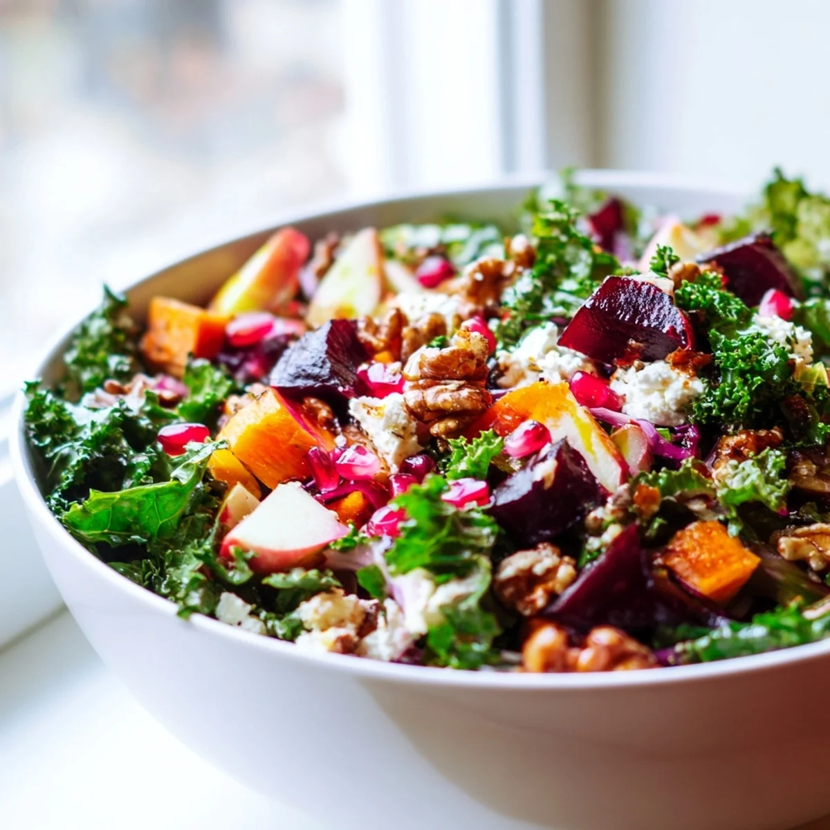 Roasted root vegetables and goat cheese sit on a bed of greens for a vibrant Winter Salad Mix, ready to serve.
