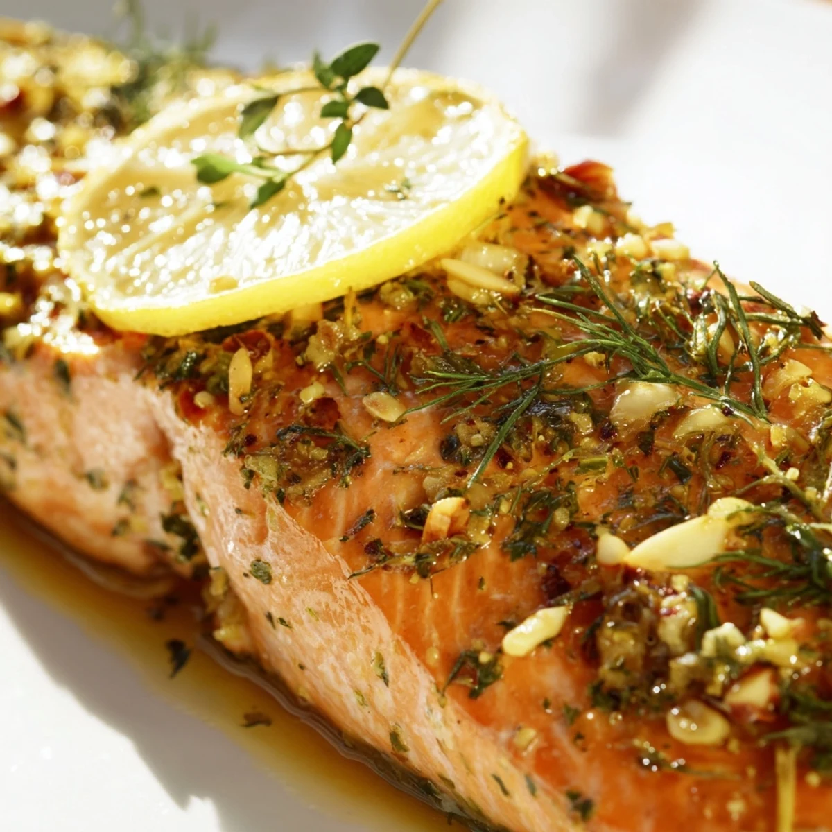 Golden-baked Baked Salmon Fillet topped with lemon slices, fresh herbs, and a glossy marinade on a baking tray.