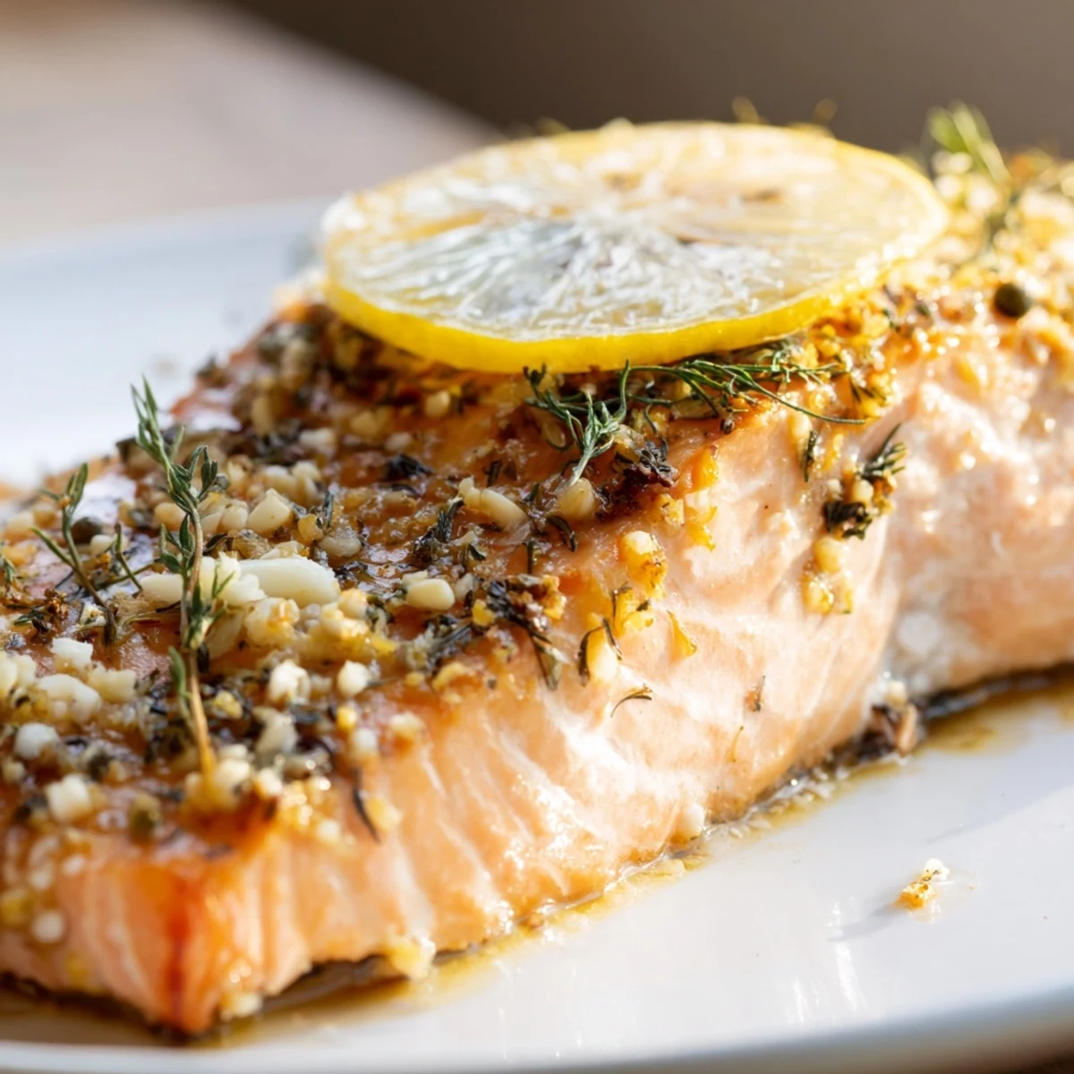 Healthy Baked Salmon Fillet garnished with dill, resting on parchment paper with vibrant lemon wheels and olive oil.