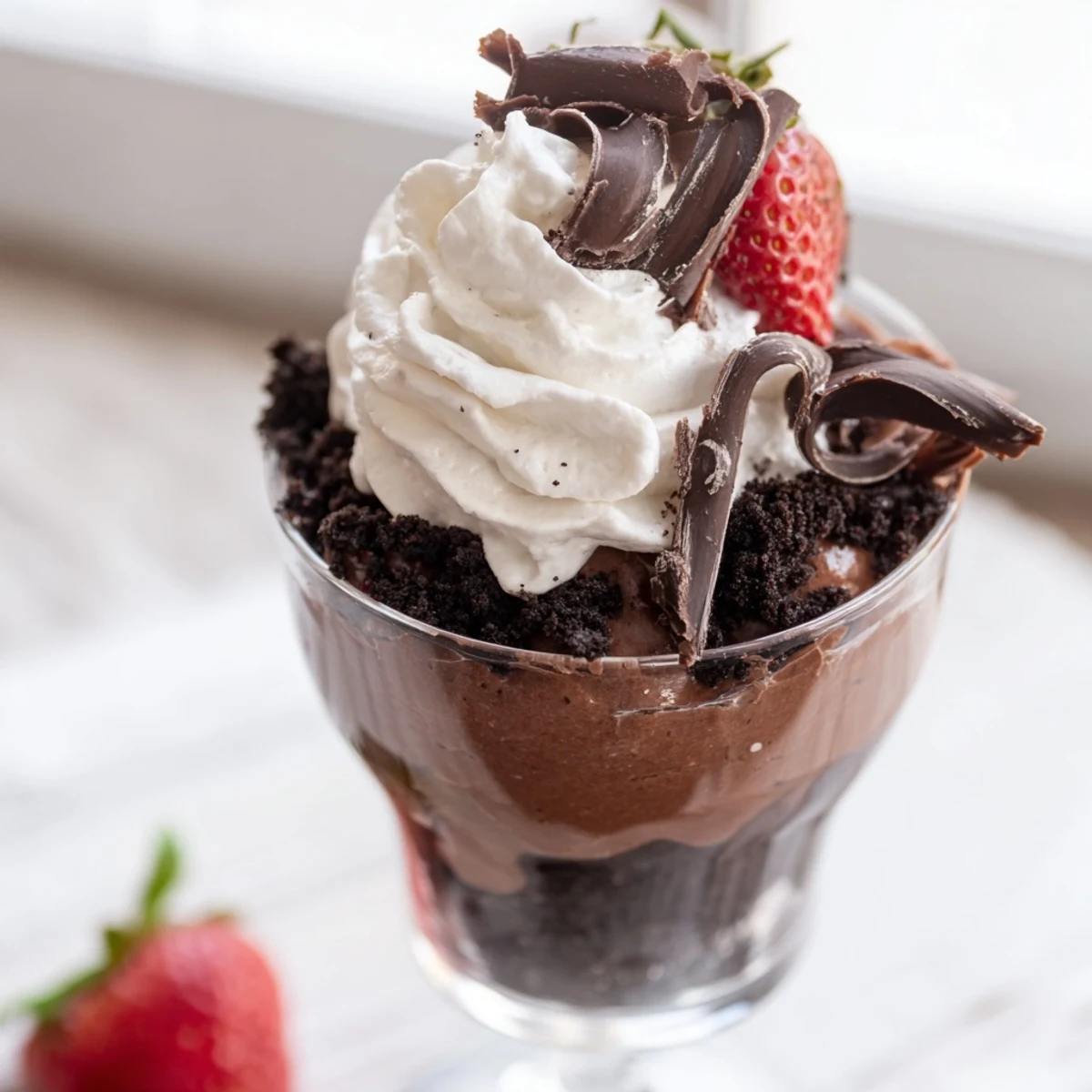 Glass cup showcasing Chocolate Dessert Cup with a dark chocolate mousse and cookie crumb base