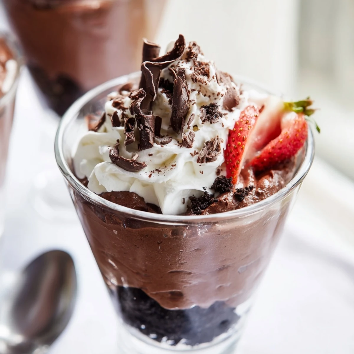 Close-up of a creamy Chocolate Dessert Cup topped with whipped cream and chocolate shavings