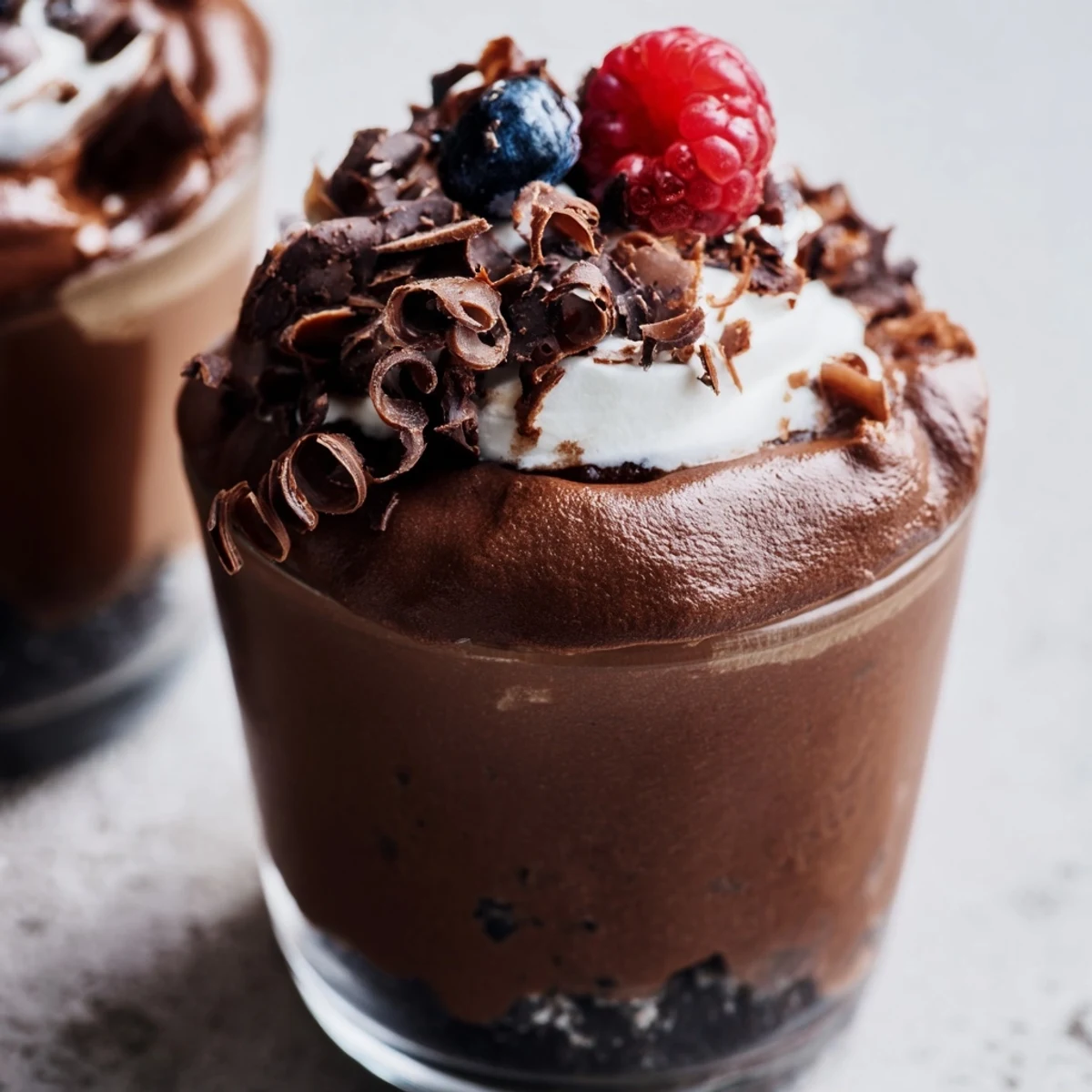 Four elegant Chocolate Dessert Cups garnished with chocolate shavings and fresh raspberries on a marble countertop.