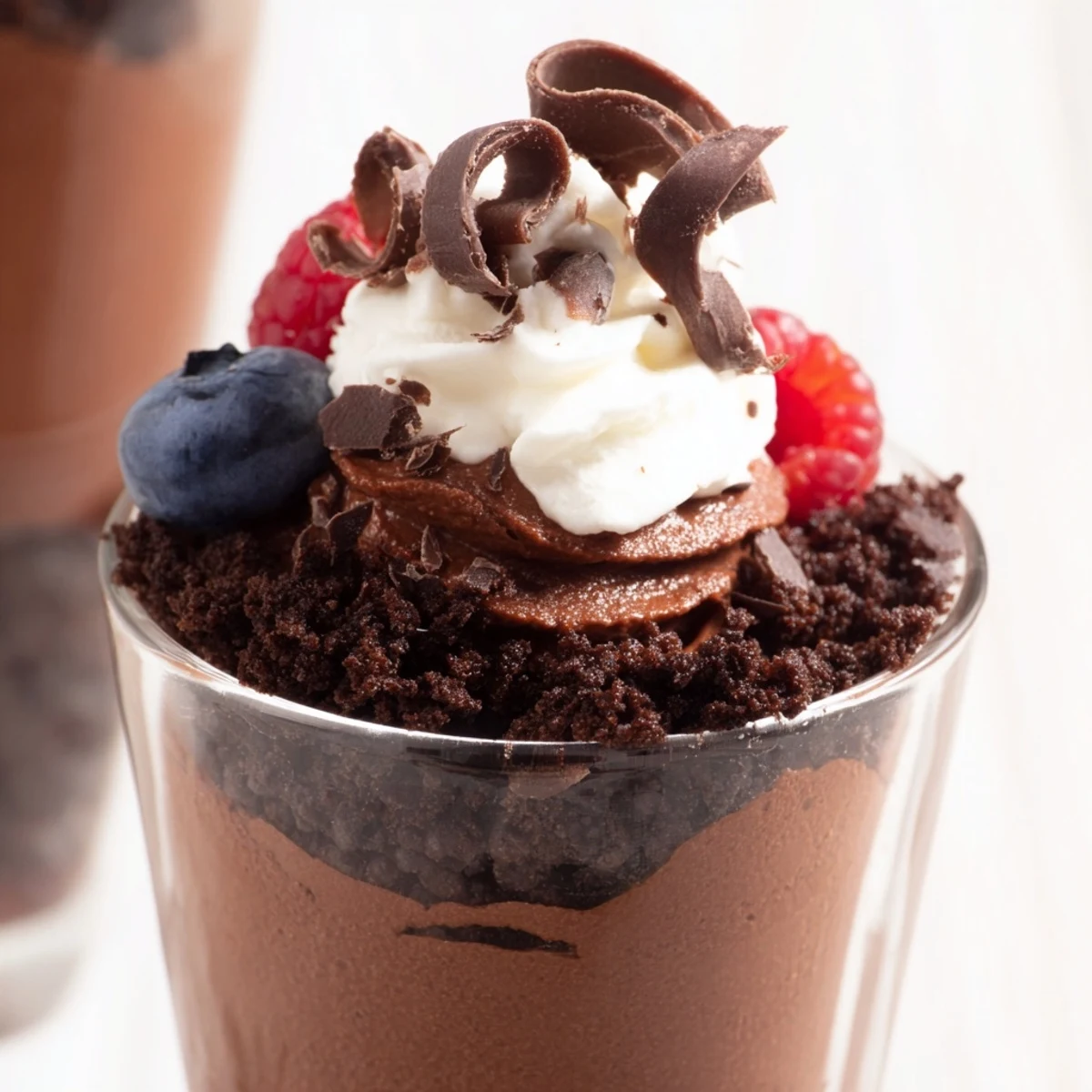 A single Chocolate Dessert Cup with a rich chocolate mousse filling and a crisp cookie crust.