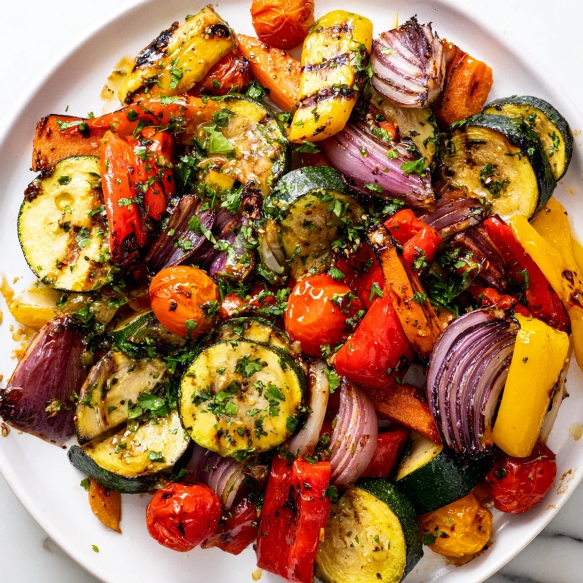 Colorful roasted vegetable medley on a baking sheet, showcasing bell peppers, zucchini, and red onion tossed in olive oil and herbs.