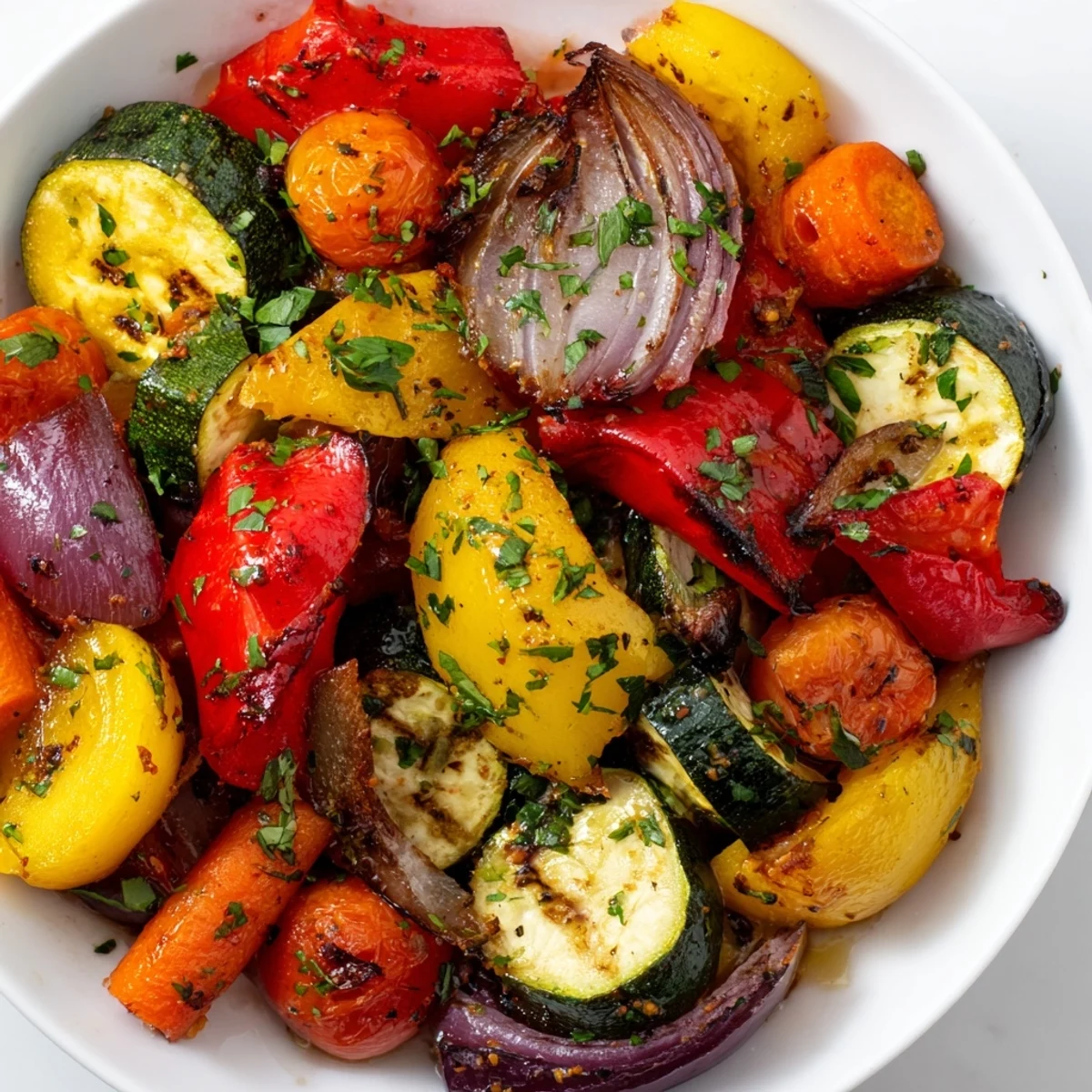 Garlic and herb roasted vegetable mix served warm over quinoa, finished with fresh parsley and a drizzle of balsamic vinegar.
