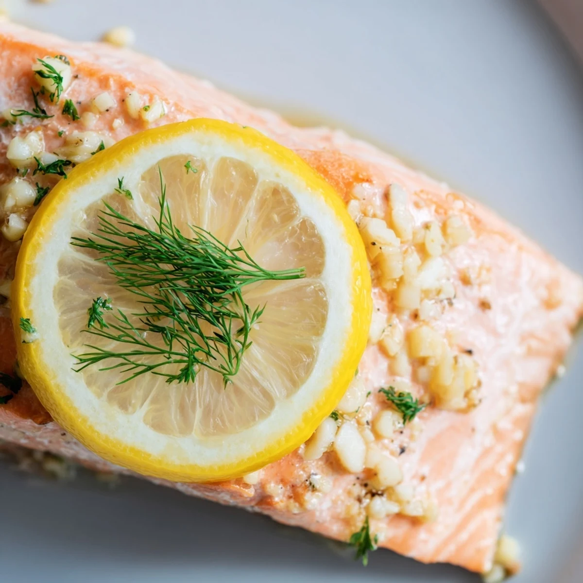 Tender baked salmon fillet garnished with fresh dill and lemon slices on a baking tray.