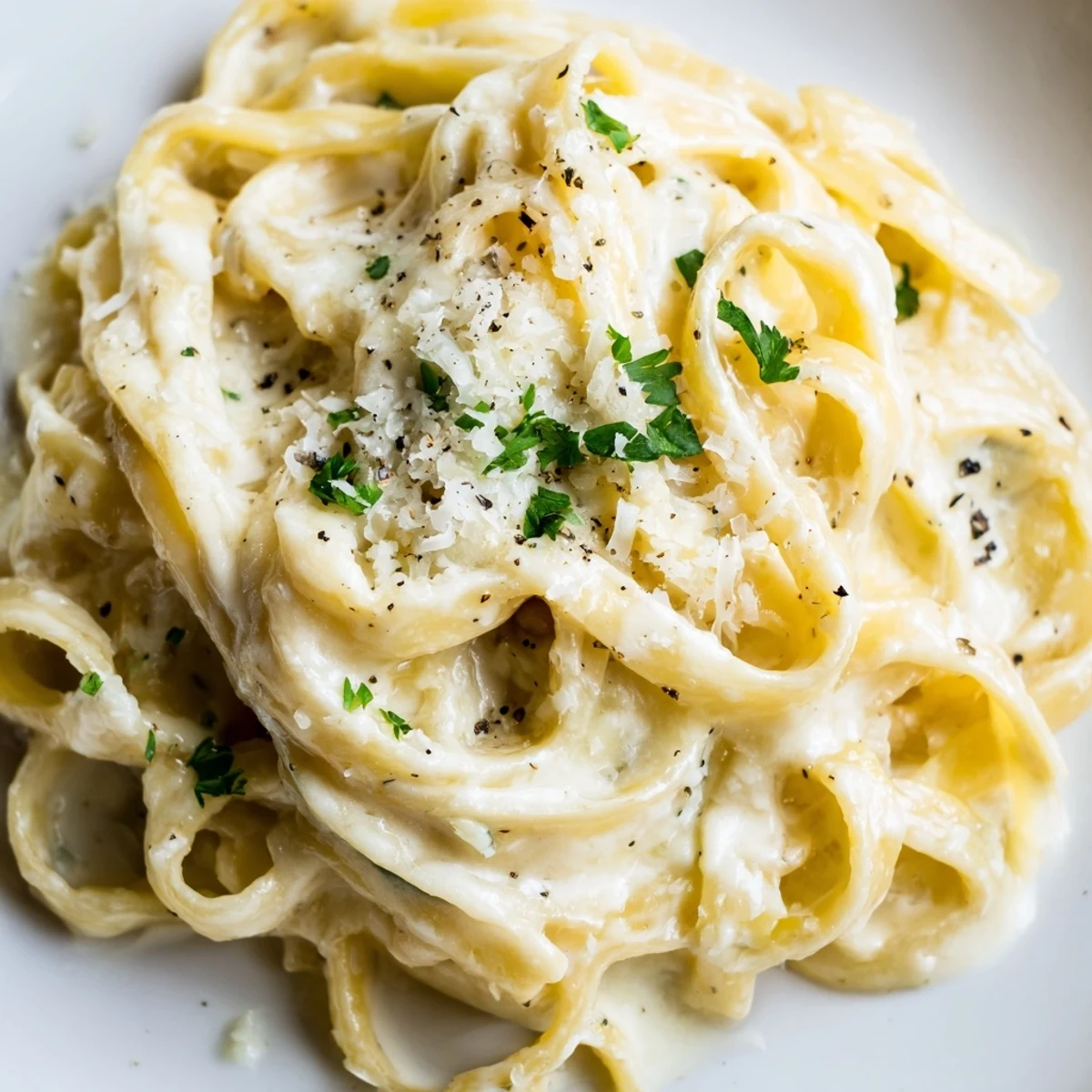 Freshly cooked fettuccine coated in silky Creamy Sauce over Pasta, steaming on a plate ready to be enjoyed.