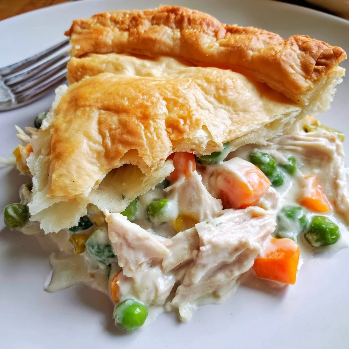 Golden-baked Chicken Pie Casserole with a flaky crust, steam rising from creamy chicken and vegetables.