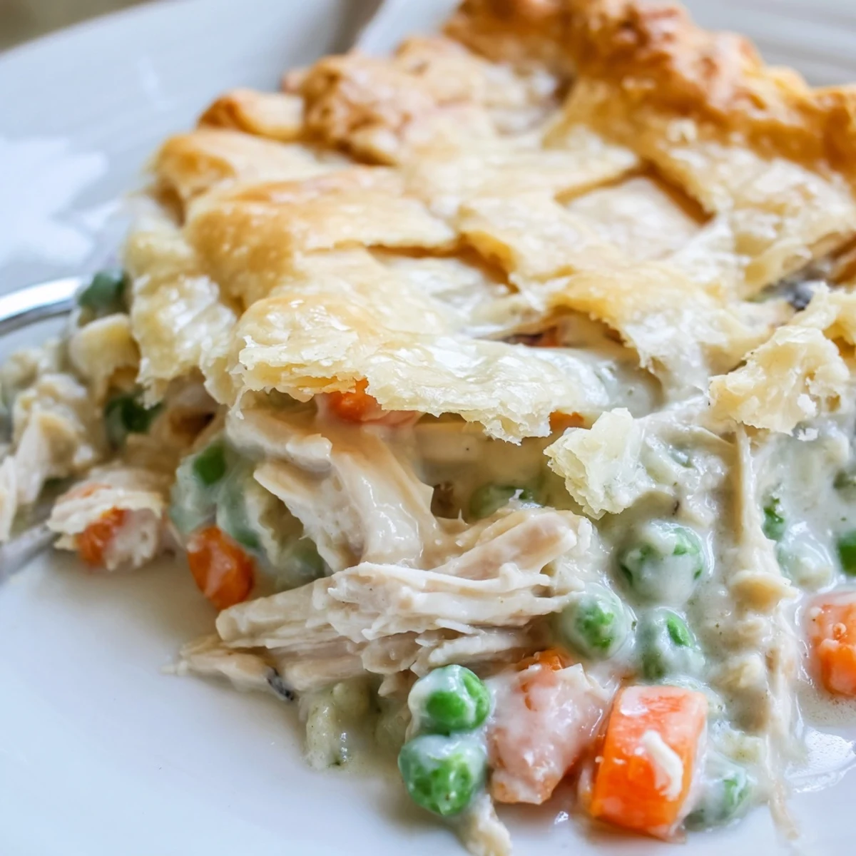 Freshly baked Chicken Pie Casserole, golden egg-washed crust with peas and carrots on a rustic table.