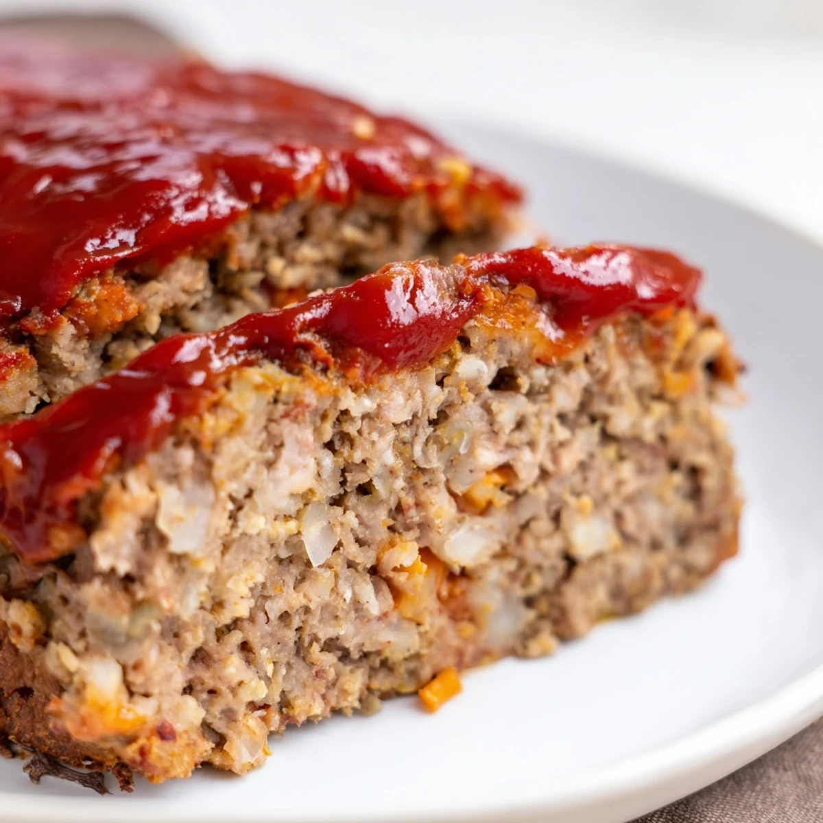 Freshly baked turkey loaf slice with glaze on a white plate next to a fork, serving suggestion.