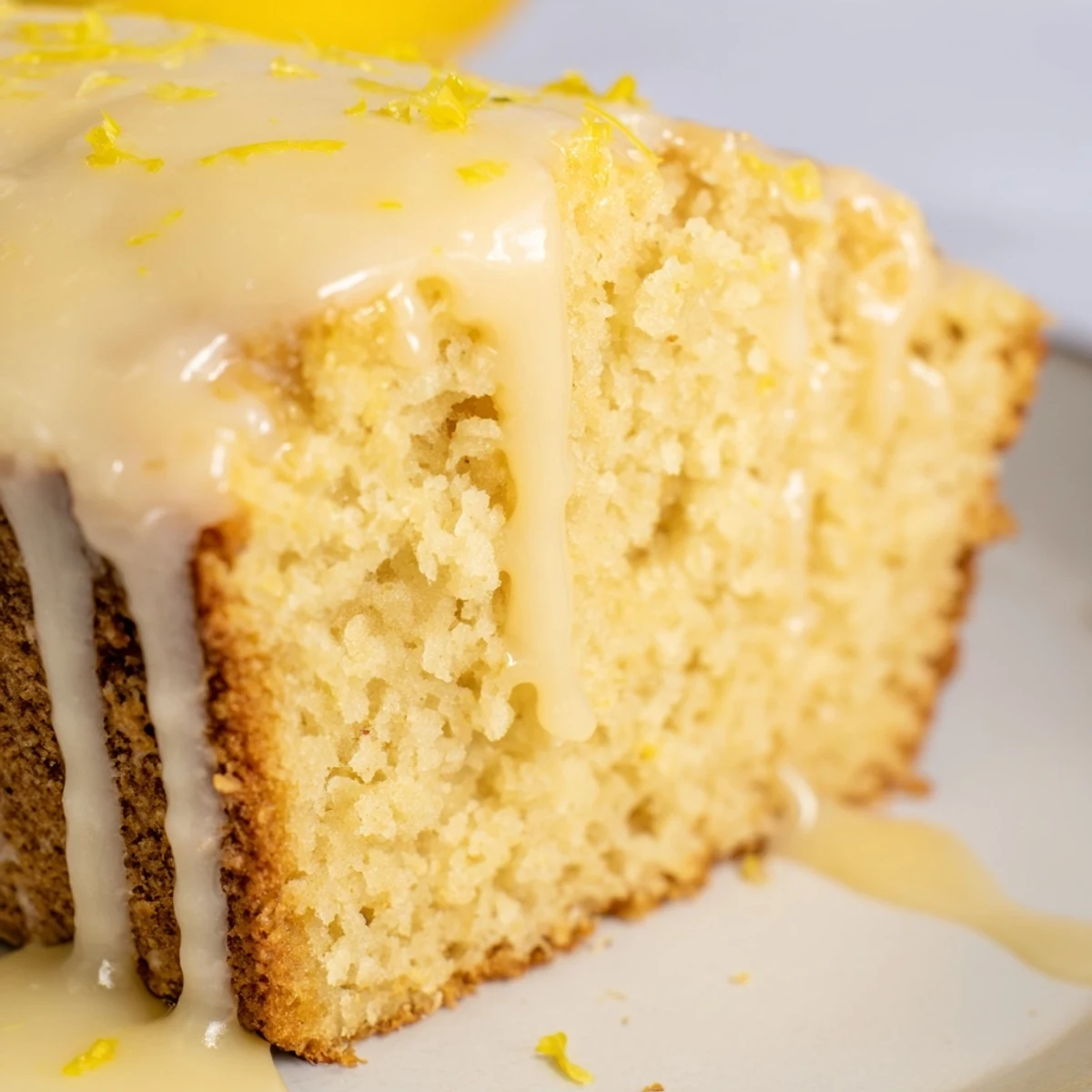 Moist Lemon Bread Loaf slice reveals tender crumb beside creamy coffee and fresh lemon wedges.
