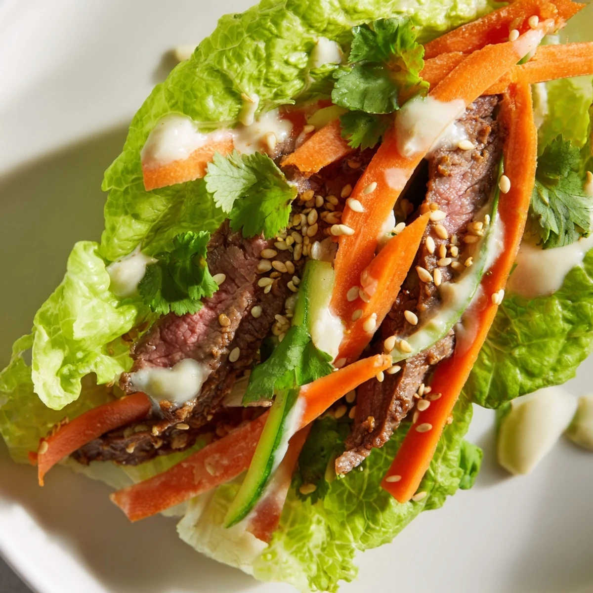 Freshly assembled Beef Wrap with Lettuce rolls, drizzled with creamy yogurt-mustard sauce and sprinkled with toasted sesame seeds.