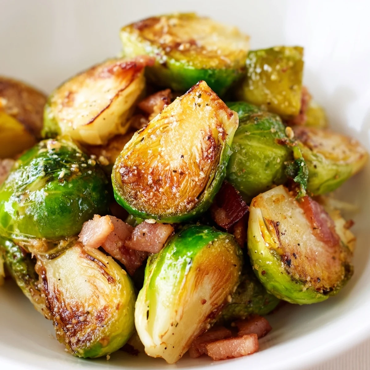 Crisp roasted Brussels sprouts and smoky turkey bacon, a savory side dish served alongside tender roast chicken.