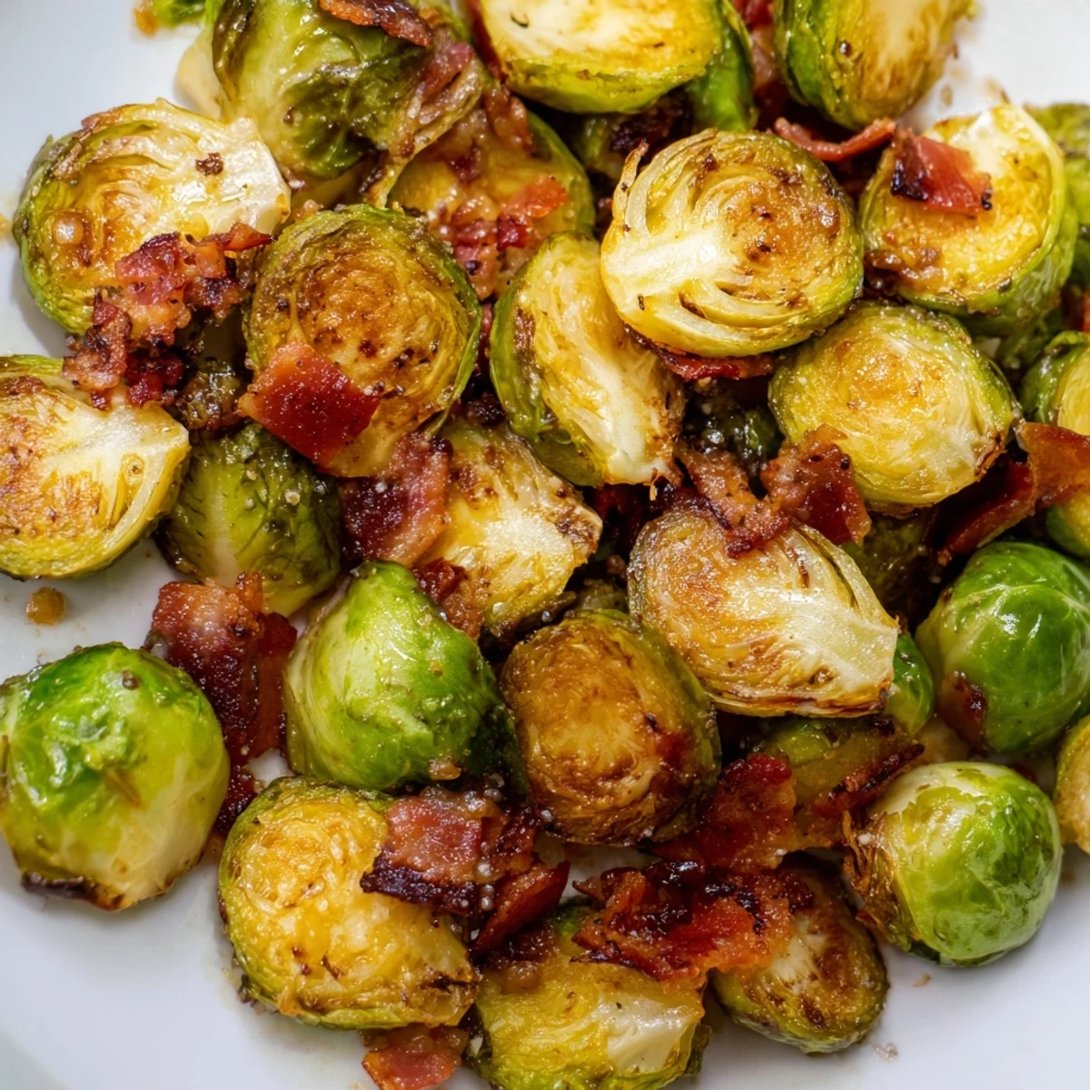 Golden-brown Roasted Brussels Sprouts with Turkey Bacon roasted on a sheet pan, garnished with balsamic glaze.