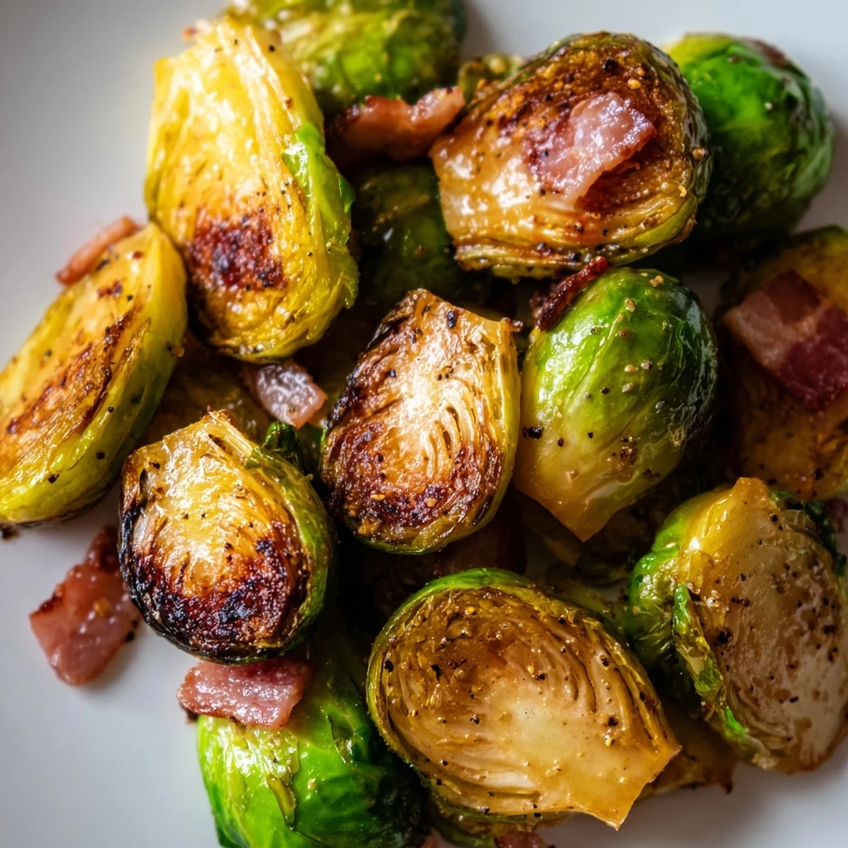 Freshly roasted Brussels sprouts with crispy turkey bacon, drizzled with lemon juice on a white serving platter.