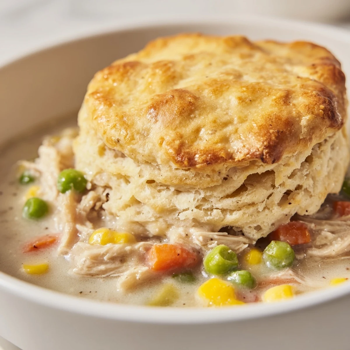 Golden, flaky biscuits sit atop creamy Chicken Pot Pie Soup with chicken, peas, and corn in a rustic Dutch oven.