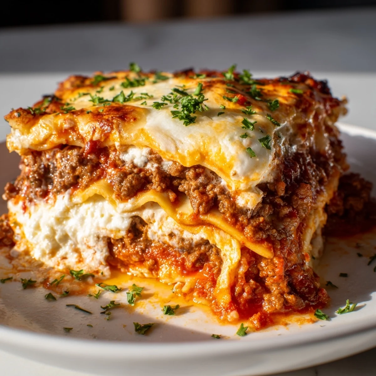 Golden-brown Classic Beef Lasagna with Homemade Marinara, sliced to reveal rich layers of meat sauce, ricotta, and melted mozzarella on a rustic plate.