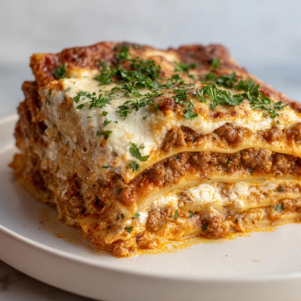 A hearty serving of Classic Beef Lasagna with Homemade Marinara, topped with fresh parsley and a golden, bubbly cheese crust straight from the oven.