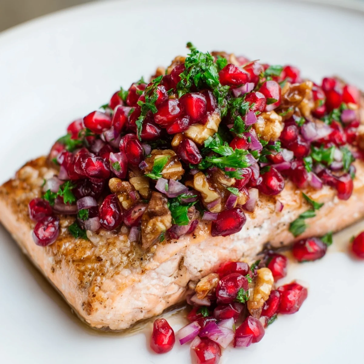 Golden baked salmon fillets fresh from the oven, topped with a vibrant pomegranate walnut salsa.