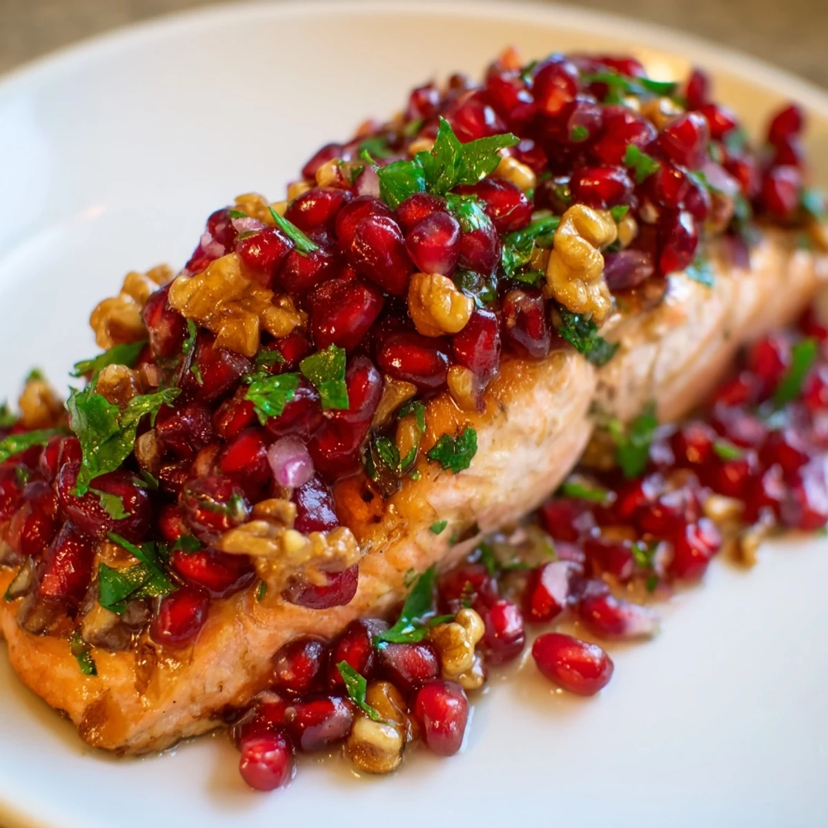 Flaky Baked Salmon with Pomegranate Walnut Salsa plated on white ceramic with fresh parsley garnish.