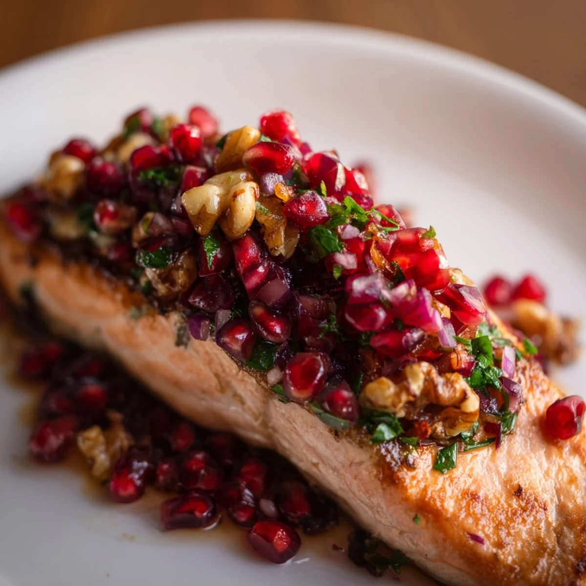 Healthy Mediterranean Baked Salmon with Pomegranate Walnut Salsa served alongside a crisp green salad for dinner.