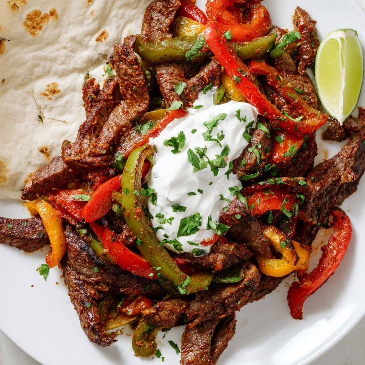 Perfectly seared Sheet Pan Steak Fajitas with bell peppers and onions, served with warm tortillas.