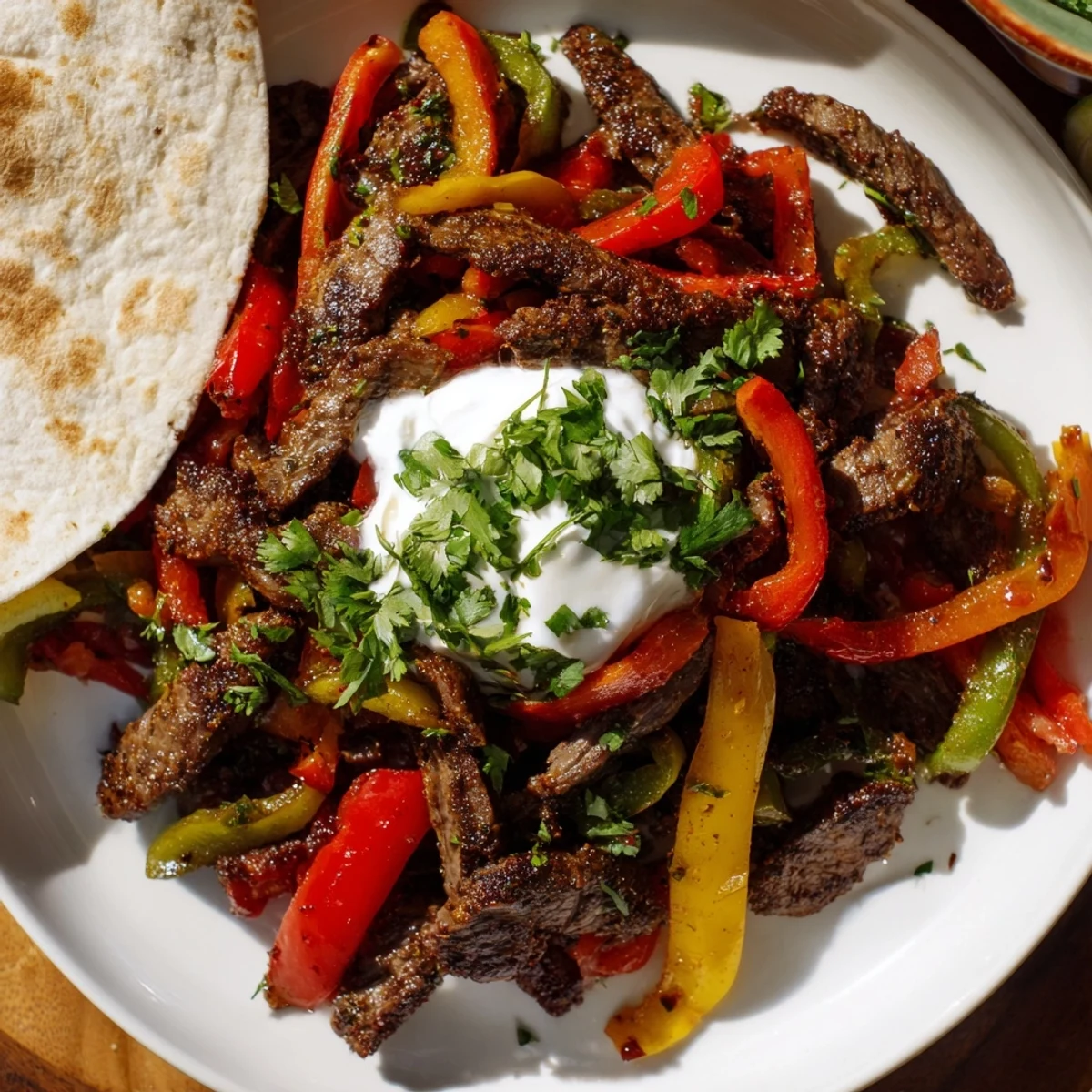 Colorful roasted vegetables and tender steak strips for Sheet Pan Steak Fajitas, topped with fresh cilantro.