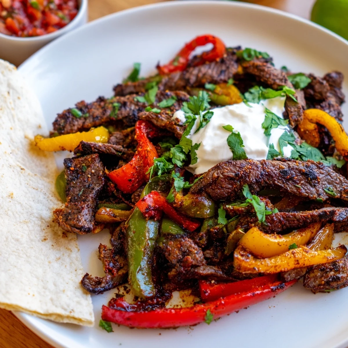 Sizzling Sheet Pan Steak Fajitas fresh from the oven, ready for a weeknight dinner with toppings.
