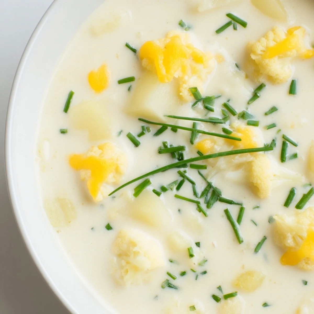 Creamy Cauliflower Chowder with Cheddar steams in a white bowl, garnished with fresh chives and extra cheese.