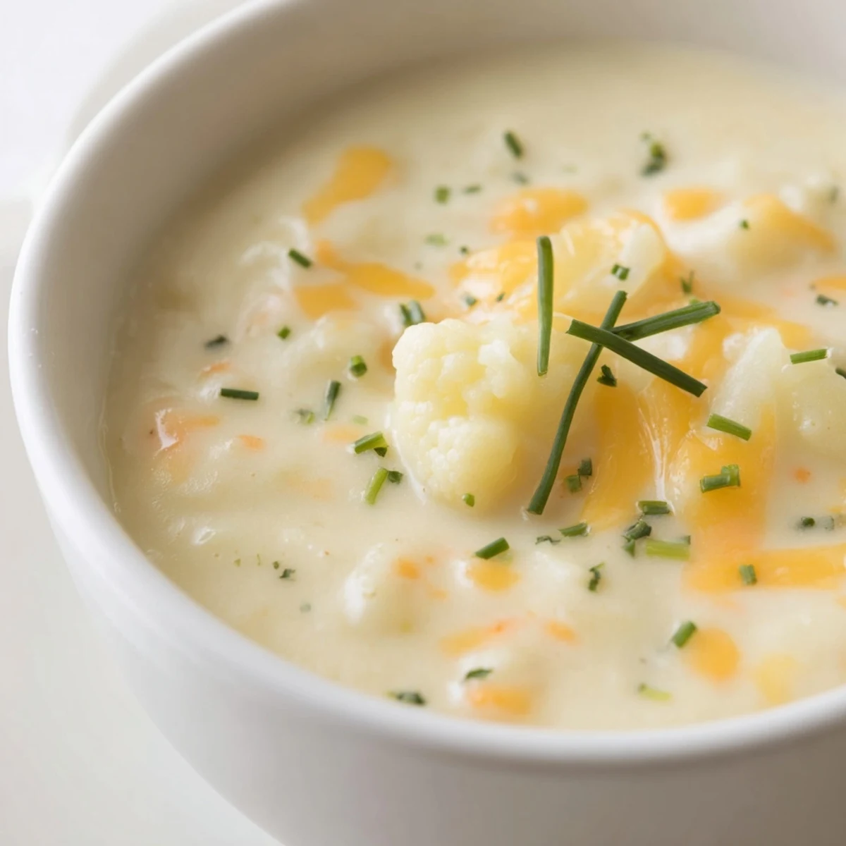 Spoon-ready Creamy Cauliflower Chowder with Cheddar shows velvety texture, dotted with tender vegetables and herbs.