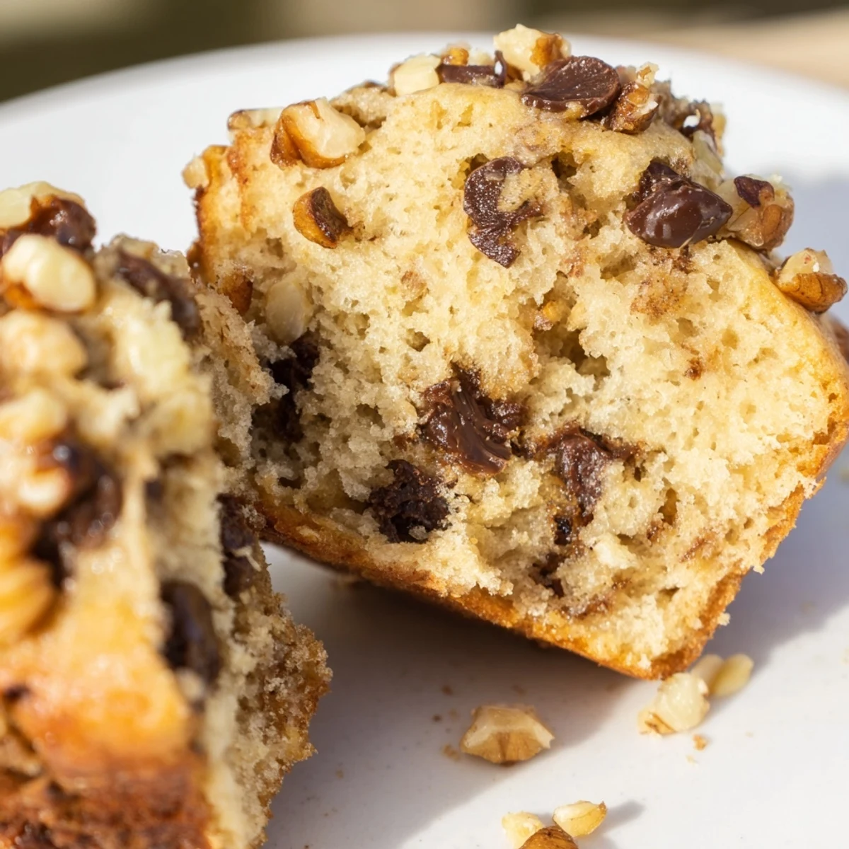 Golden-brown Chocolate Chip Banana Bread Muffins are displayed in a muffin tin, topped with extra chocolate chips and chopped nuts. 