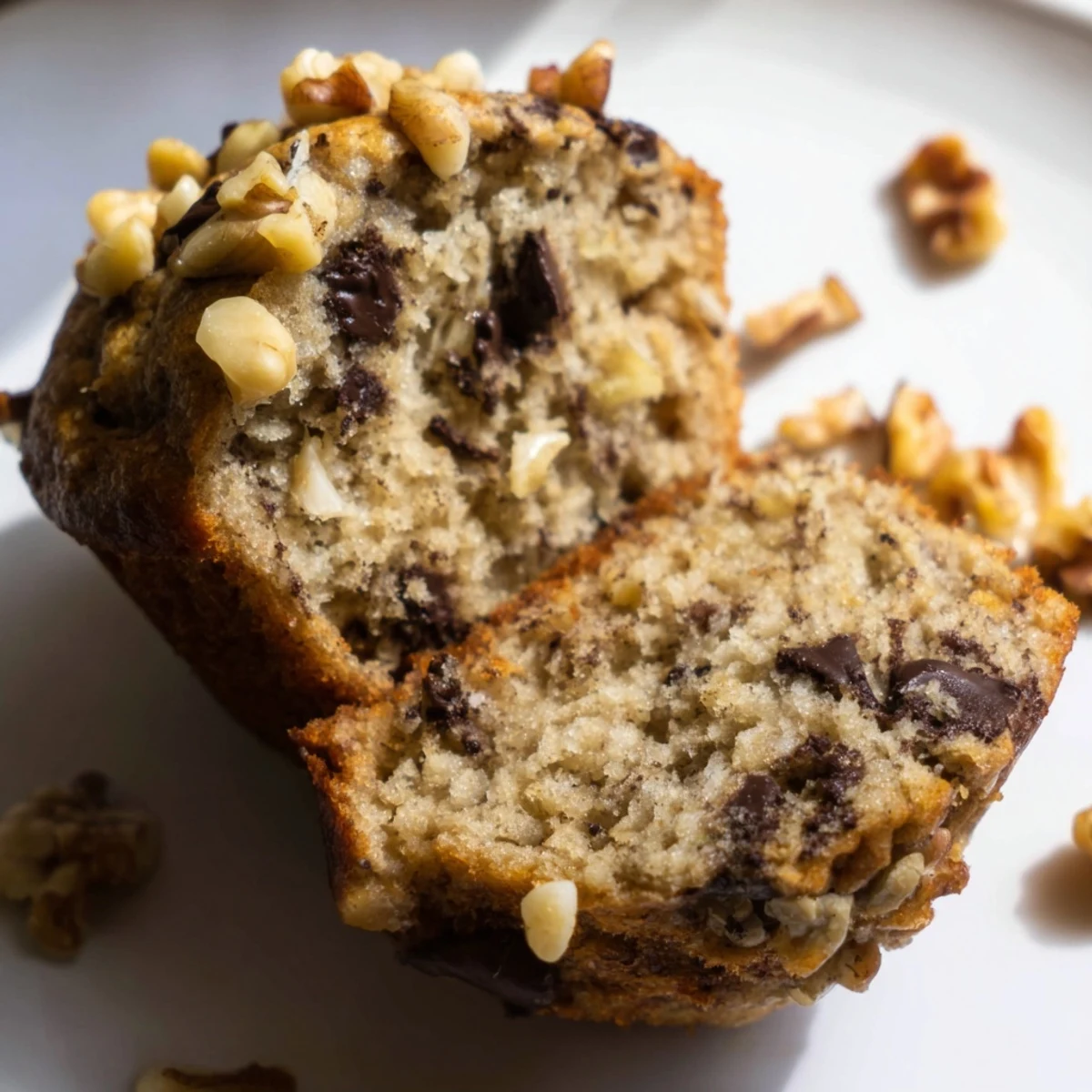 Freshly baked Chocolate Chip Banana Bread Muffins sit on a cooling rack, revealing melted chocolate chips and a golden crumb. 