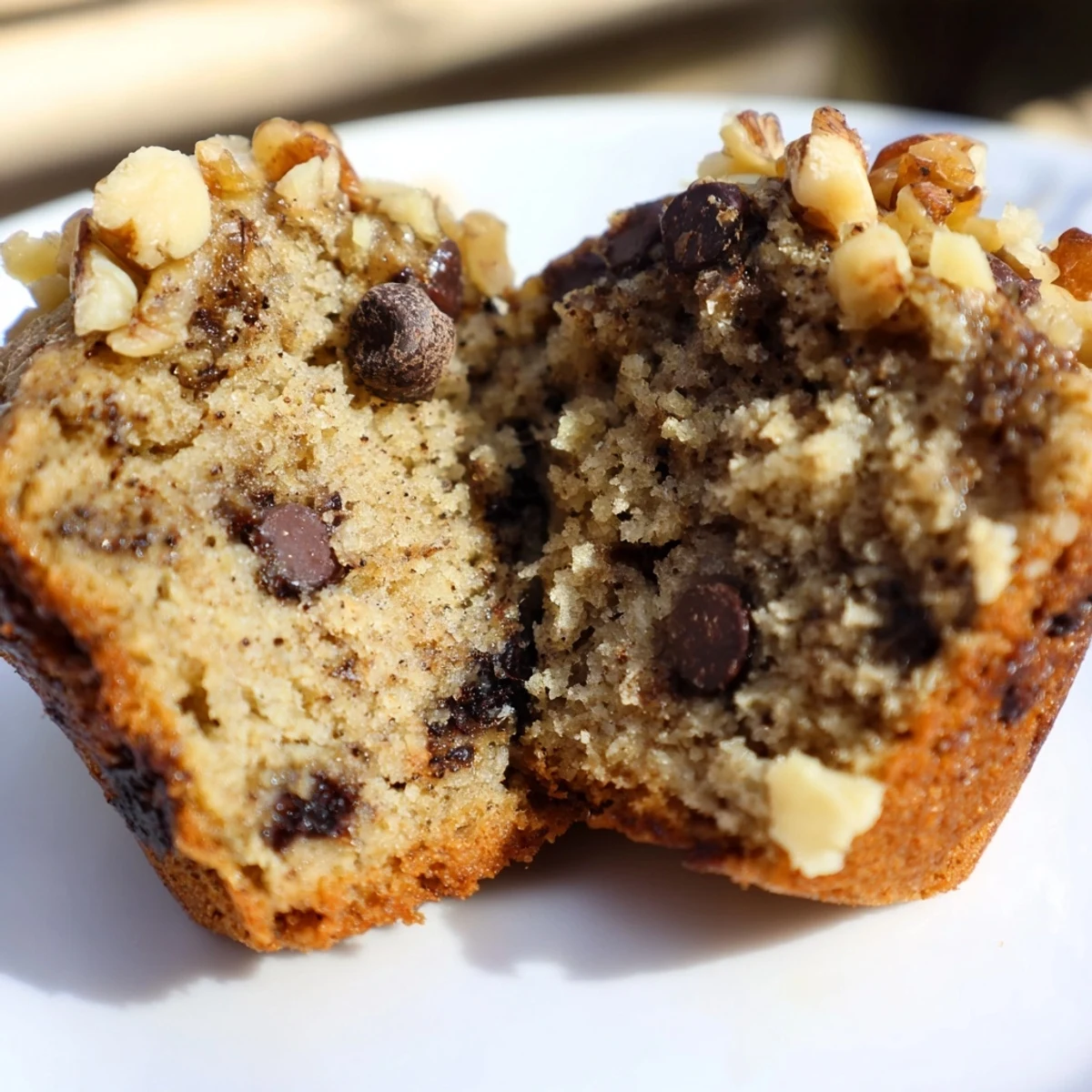 Moist Chocolate Chip Banana Bread Muffins on a white plate, ready to be enjoyed for breakfast or a sweet snack.