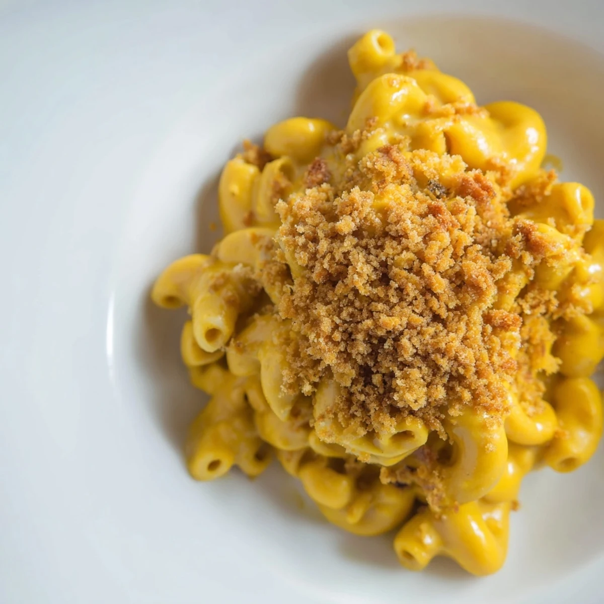 Golden-brown breadcrumbs top the baked Vegan Butternut Squash Mac and Cheese next to a crisp green salad.