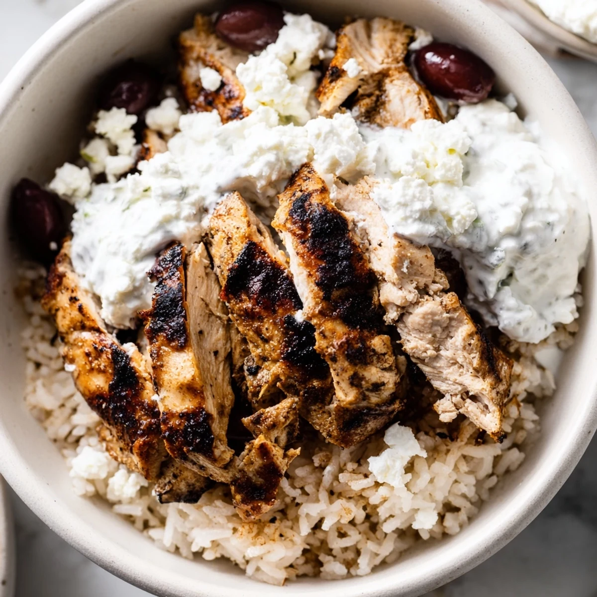 A vibrant Greek Chicken Gyro Bowl features juicy chicken, crisp cucumbers, cherry tomatoes, and red onions next to a dollop of cool tzatziki.