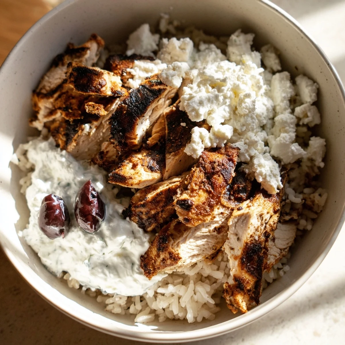 Overhead view of Greek Chicken Gyro Bowls showing colorful vegetables, golden chicken, and a side of warm pita bread for dipping.