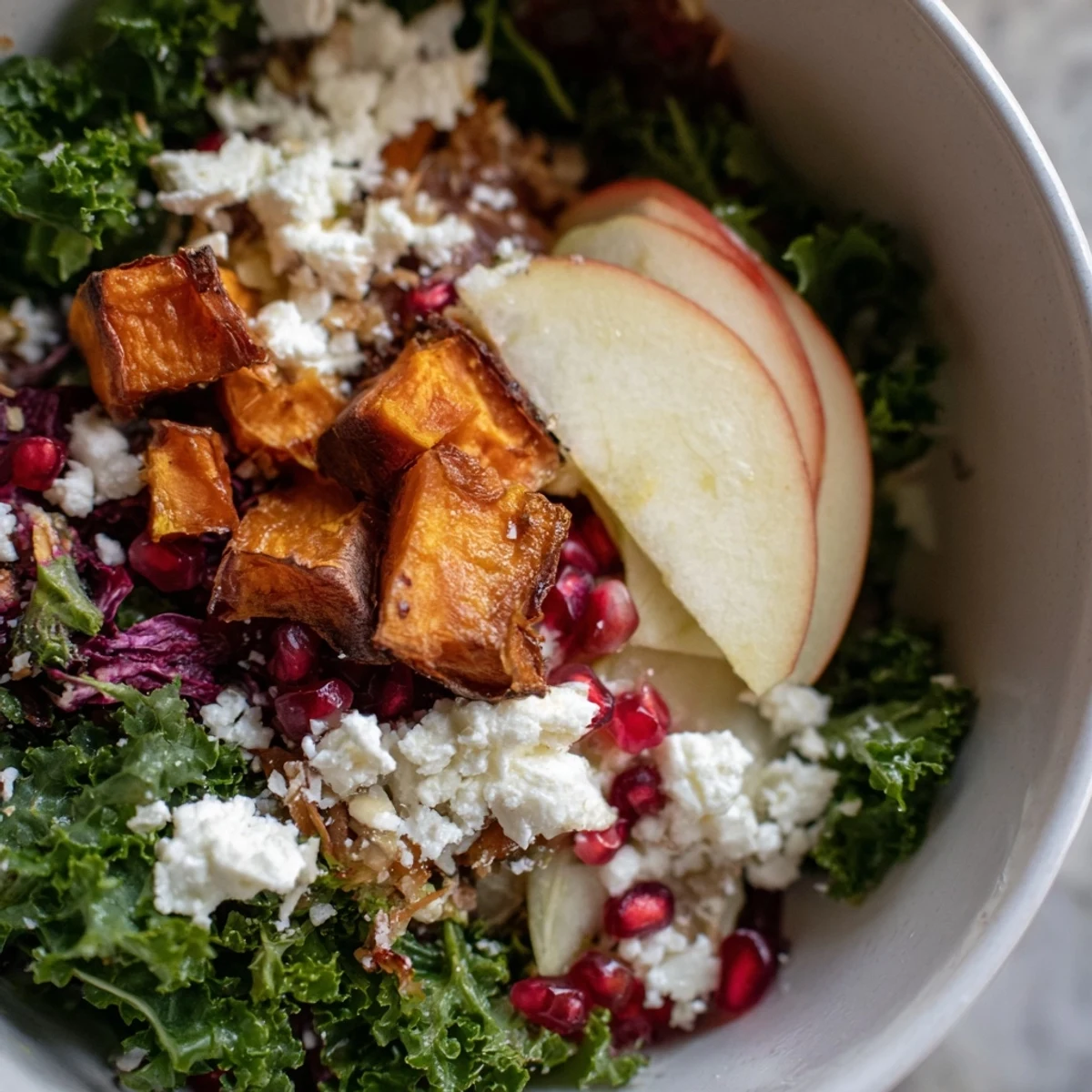 A colorful bowl of Winter Salad Mix features crisp greens, bright pomegranate seeds, and a glistening citrus dressing.