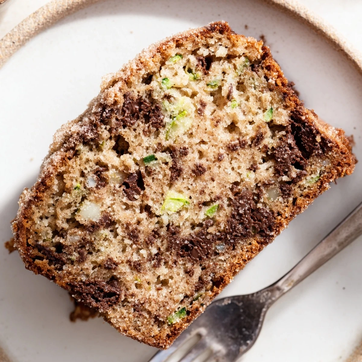 Golden loaf of Chocolate Chip Zucchini Bread topped with cinnamon sugar, cooling on a wire rack.