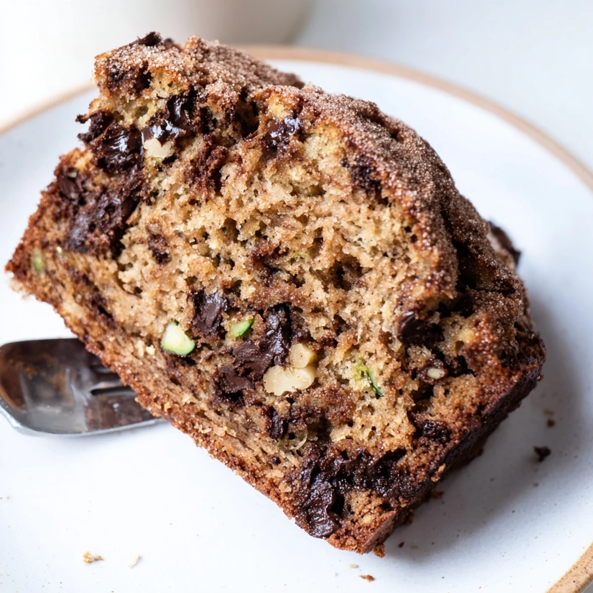 Slice of moist Chocolate Chip Zucchini Bread with walnuts and melted chocolate chips on a white plate with coffee.